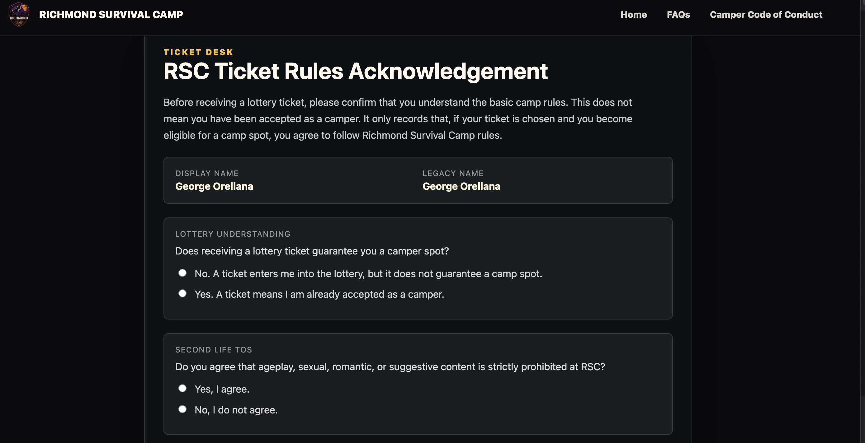 RSC registration rules acknowledgement questions