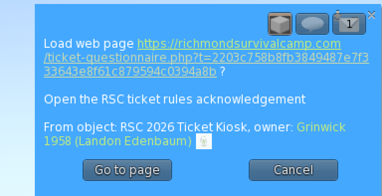 Second Life prompt with the registration acknowledgement link