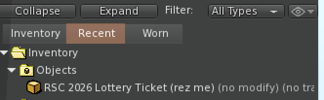 RSC lottery ticket object appearing in Second Life inventory