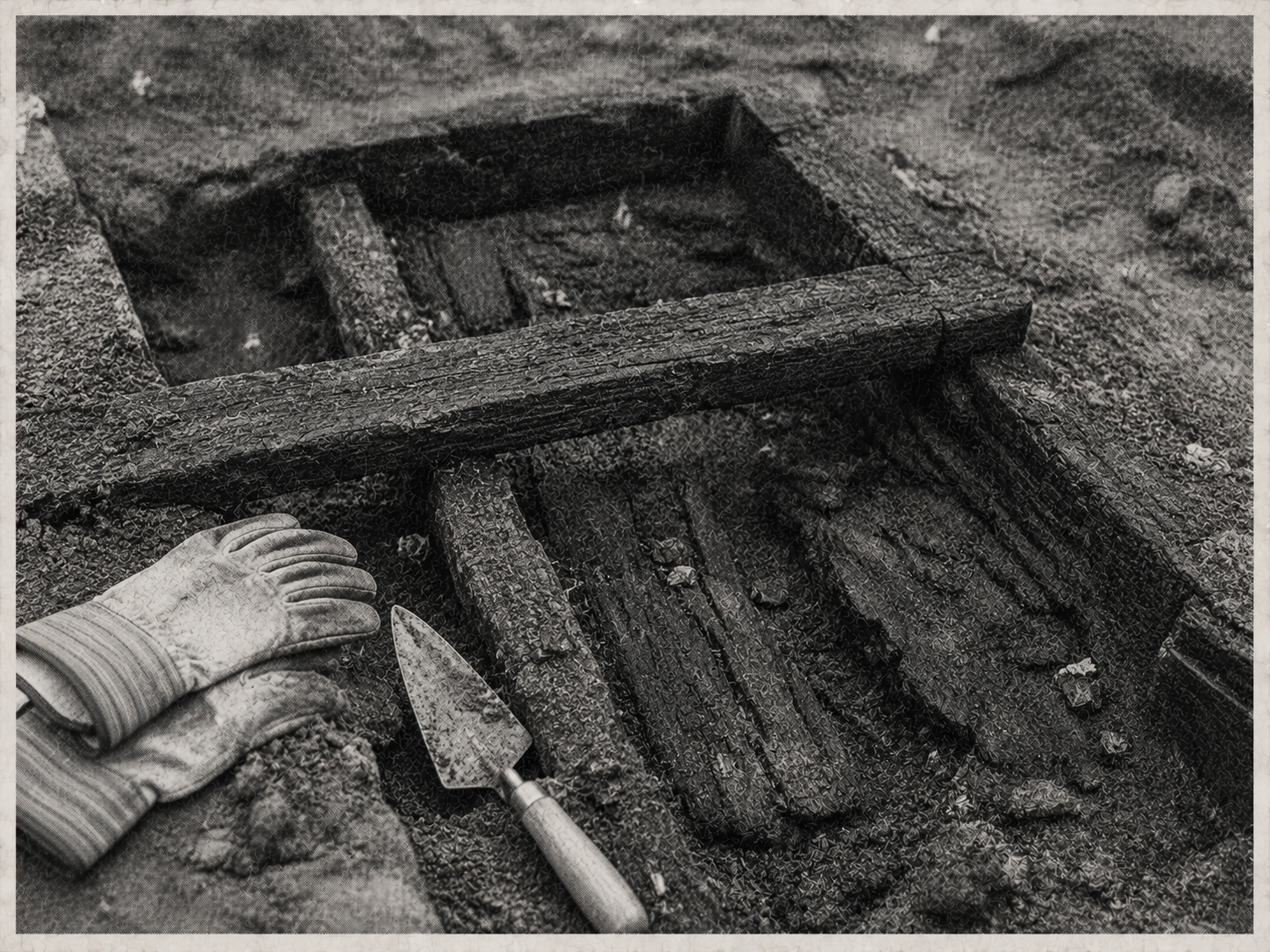 Documentary photograph of charred timber framing partially excavated from the ground.