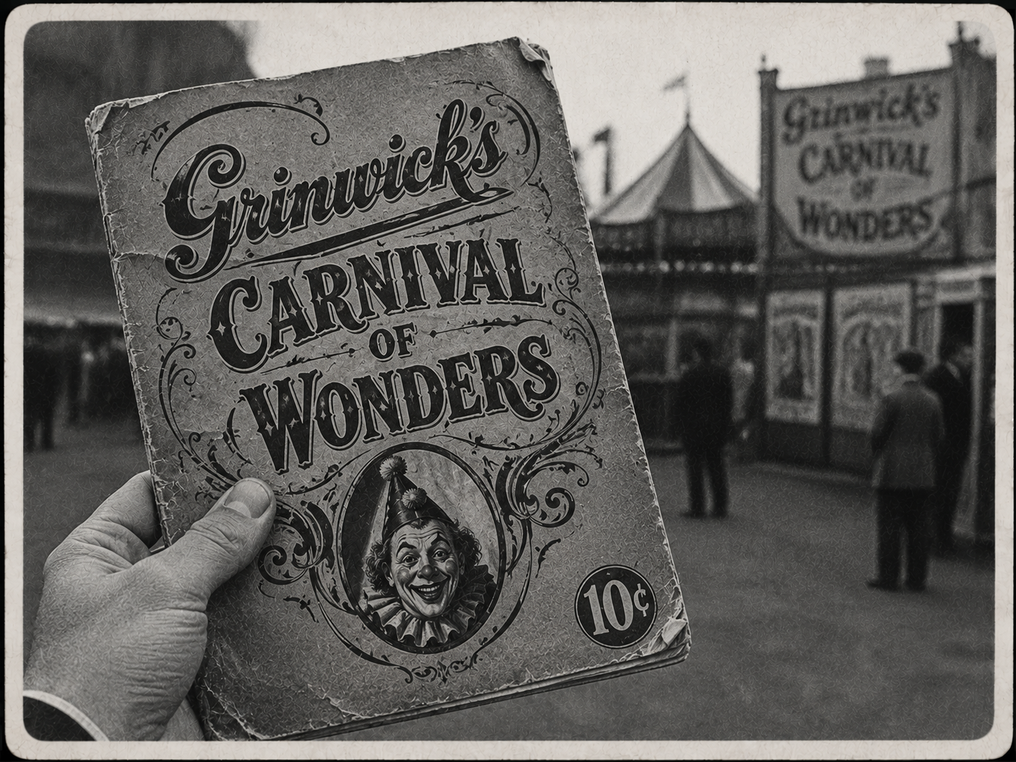 Archival evidence photograph of an old Grinwick carnival program held in someone's hand.