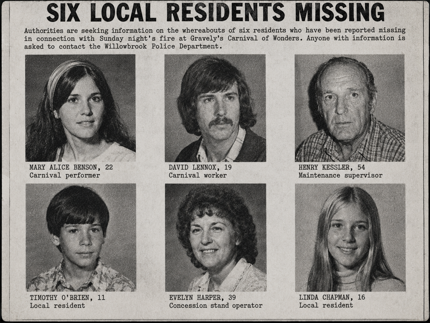 Newspaper clipping showing a missing persons photo grid from Colby Springs.
