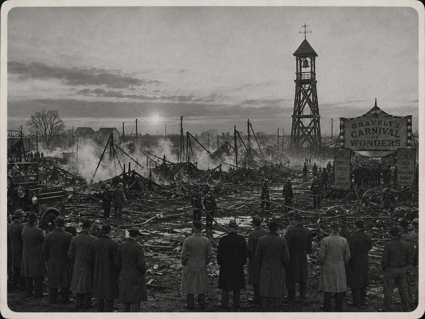 Archival newspaper photograph of the burned circus fairground at dawn with the bell tower still standing.