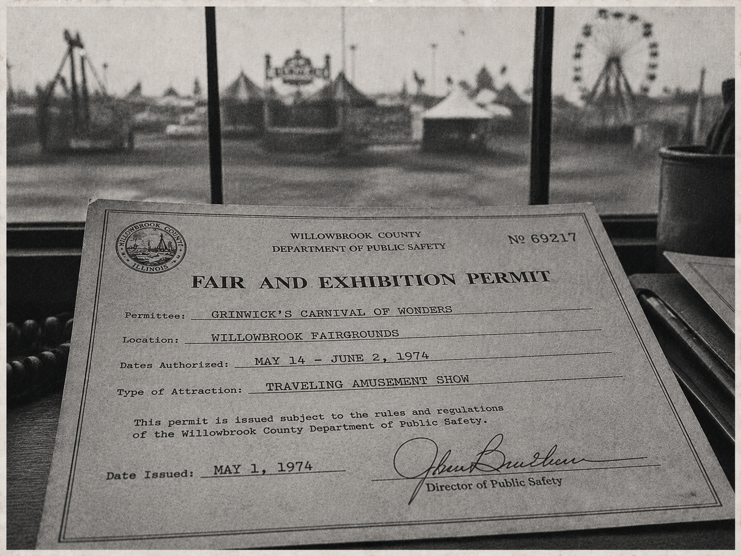 Newspaper-style evidence photograph of an official fair permit document on a desk.