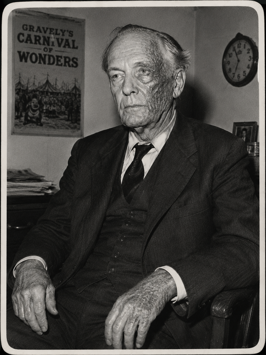 Archival press portrait of Old Gravely seated in a modest room.