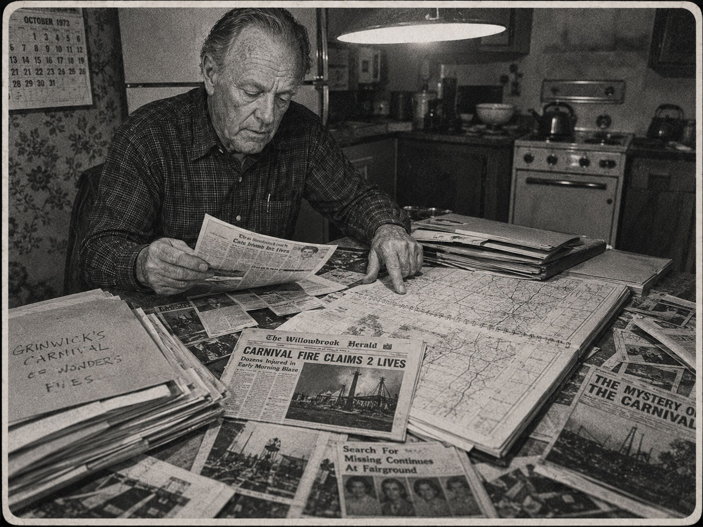 Archival newspaper photograph of a researcher at a cluttered table with maps, clippings, and folders.